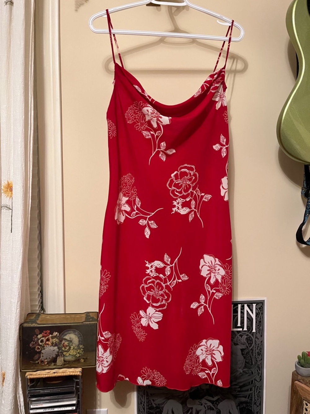 Red and white floral cowl neck mini dress